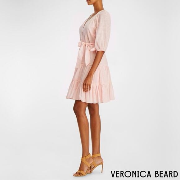 Veronica Beard Dewey Tiered Cotton Button-Up Tie Waist Dress Pink Haze Sz 8 - Picture 15 of 15